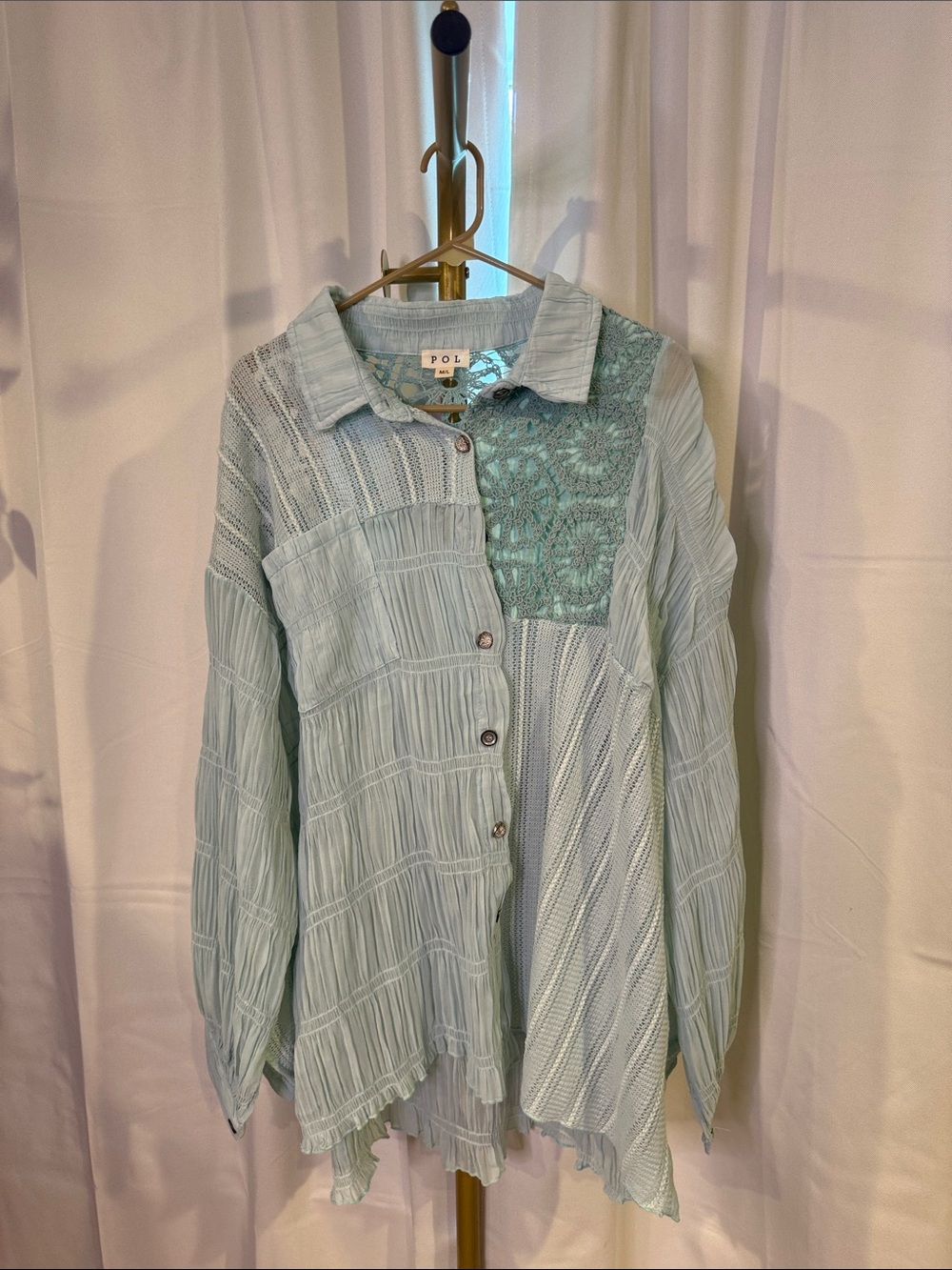 POL Patchwork Button-Front Long Sleeve Shirt in Light Aqua M/L